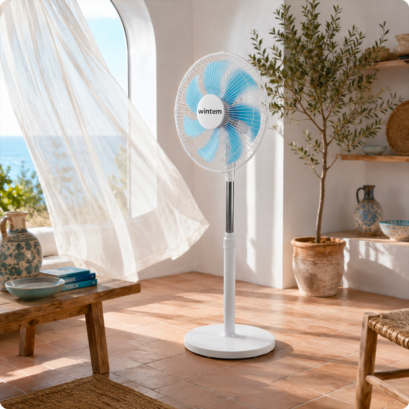 Ventilatore a Piantana 40W con 7 Pale in PP, 3 Velocità, Altezza Regolabile 80-100cm – Oscillazione Orizzontale 60° e Inclinazione 45°