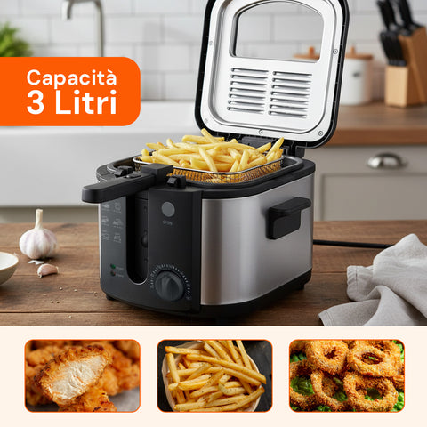 Friggitrice Elettrica 3L in Acciaio Inox, Filtro Antiodore e Termostato Regolabile