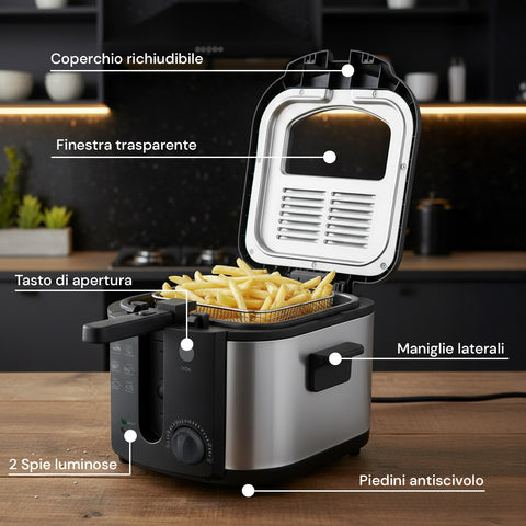 Friggitrice Elettrica 3L in Acciaio Inox, Filtro Antiodore e Termostato Regolabile