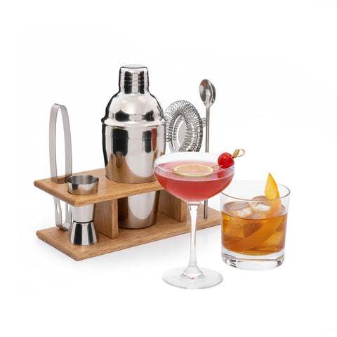 Set Cocktail 6 Pezzi con Supporto in Legno - Shaker e Accessori Bar