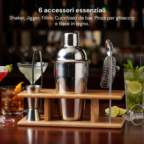 Set Cocktail 6 Pezzi con Supporto in Legno - Shaker e Accessori Bar
