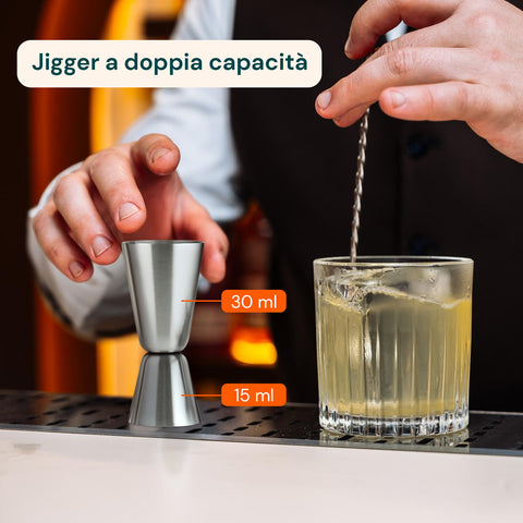 Set Cocktail 6 Pezzi con Supporto in Legno - Shaker e Accessori Bar