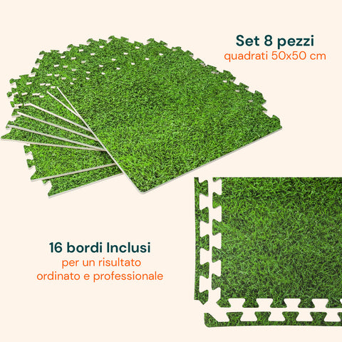 Stuoia Modulare 8 Pezzi 50x50 cm - Tappeto Antiscivolo Effetto Prato per Bambini