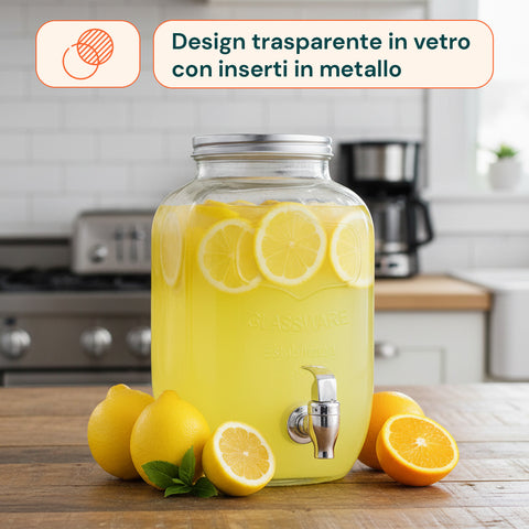 Dispenser Bevande in Vetro 8L con Rubinetto in Acciaio
