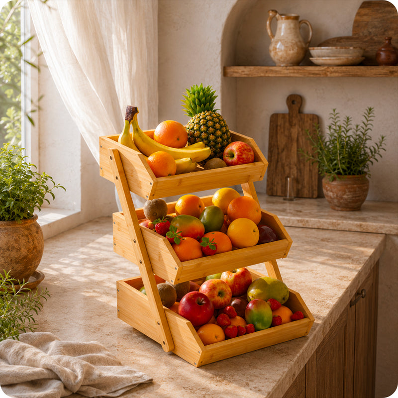 Organizer Multiuso in Legno di Bambù a 3 Ripiani per Cucina e Bagno - Portata 8kg - 30x33x41 cm