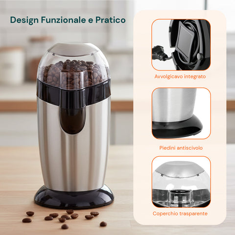 Macina Caffè Elettrico Inox con Lama in Acciaio e Grado di Macinatura Regolabile