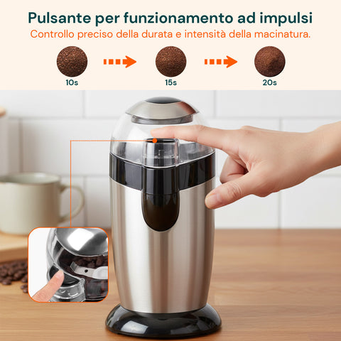 Macina Caffè Elettrico Inox con Lama in Acciaio e Grado di Macinatura Regolabile
