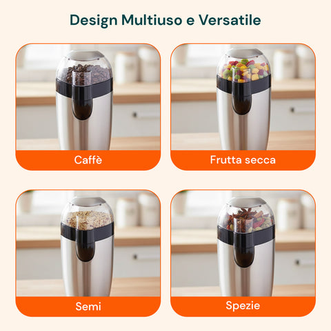 Macina Caffè Elettrico Inox con Lama in Acciaio e Grado di Macinatura Regolabile