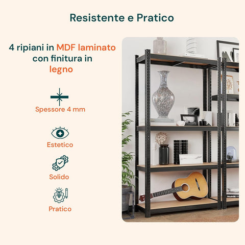 Scaffale 4 Ripiani Acciaio E Mdf Laminato Effetto Legno Portata Totale 400kg