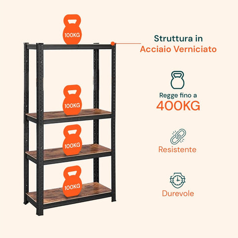 Scaffale 4 Ripiani Acciaio E Mdf Laminato Effetto Legno Portata Totale 400kg