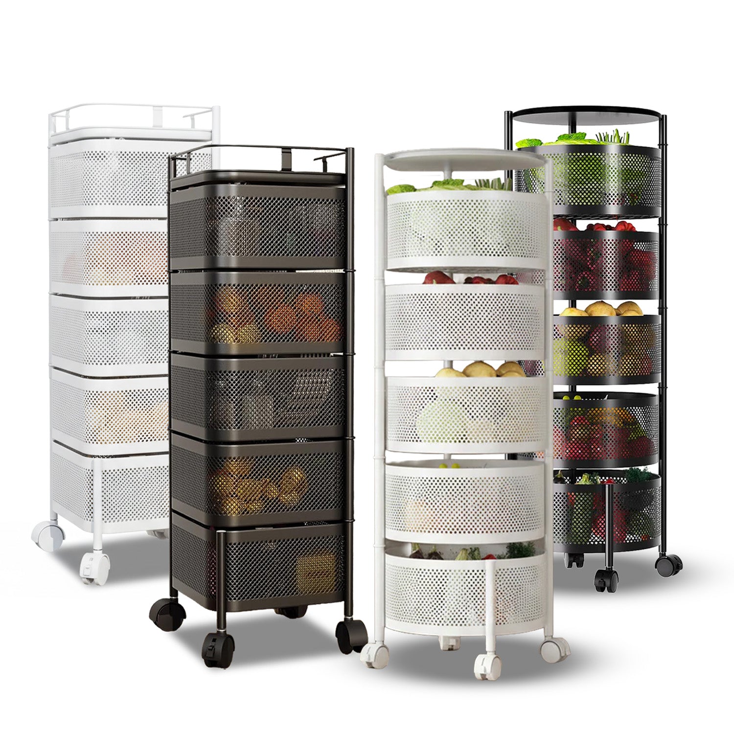 Carrello Multiuso Richiudibile Salvaspazio con Ruote - Organizer con Cestelli (3/4/5 Ripiani) Nero o Bianco