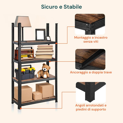 Scaffale 4 Ripiani Acciaio E Mdf Laminato Effetto Legno Portata Totale 400kg