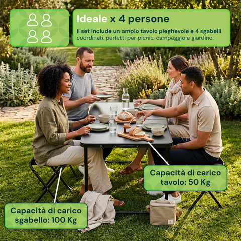 Set Tavolo Pieghevole da Campeggio con 4 Sgabelli – Struttura in Alluminio Leggera e Robusta – Tavolo Regolabile in 3 Altezze – Portata 50kg/100kg – Design a Valigetta Salvaspazio