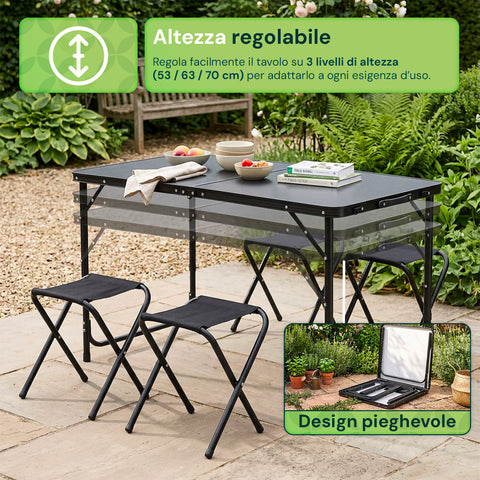 Set Tavolo Pieghevole da Campeggio con 4 Sgabelli – Struttura in Alluminio Leggera e Robusta – Tavolo Regolabile in 3 Altezze – Portata 50kg/100kg – Design a Valigetta Salvaspazio