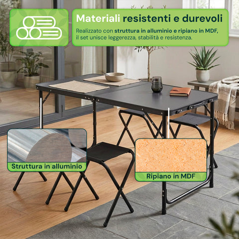Set Tavolo Pieghevole da Campeggio con 4 Sgabelli – Struttura in Alluminio Leggera e Robusta – Tavolo Regolabile in 3 Altezze – Portata 50kg/100kg – Design a Valigetta Salvaspazio