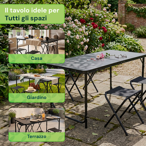 Set Tavolo Pieghevole da Campeggio con 4 Sgabelli – Struttura in Alluminio Leggera e Robusta – Tavolo Regolabile in 3 Altezze – Portata 50kg/100kg – Design a Valigetta Salvaspazio