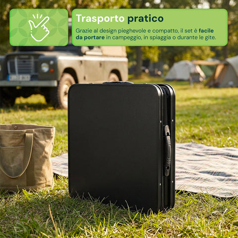 Set Tavolo Pieghevole da Campeggio con 4 Sgabelli – Struttura in Alluminio Leggera e Robusta – Tavolo Regolabile in 3 Altezze – Portata 50kg/100kg – Design a Valigetta Salvaspazio