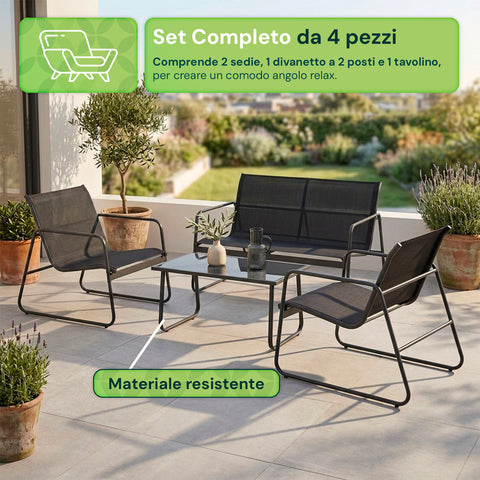 Set Lounge da Esterno 4 Pezzi – Salotto da Giardino con 2 Sedie, Divanetto e Tavolino – Struttura in Ferro e Seduta in Textilene – Portata 240kg/120kg
