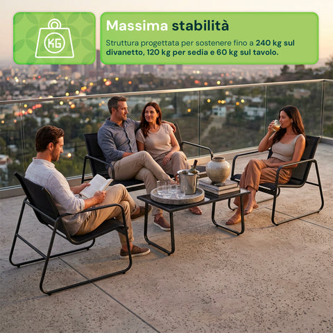 Set Lounge da Esterno 4 Pezzi – Salotto da Giardino con 2 Sedie, Divanetto e Tavolino – Struttura in Ferro e Seduta in Textilene – Portata 240kg/120kg