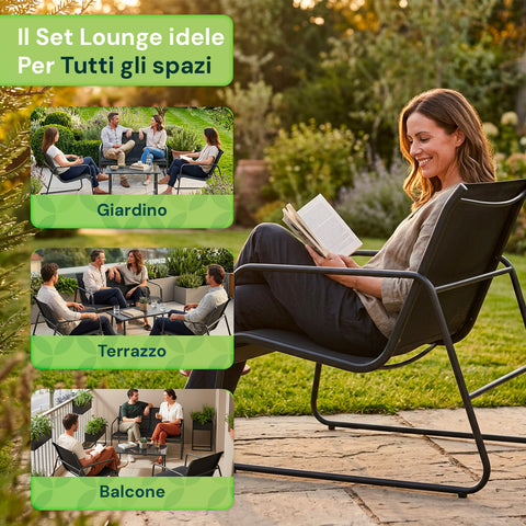 Set Lounge da Esterno 4 Pezzi – Salotto da Giardino con 2 Sedie, Divanetto e Tavolino – Struttura in Ferro e Seduta in Textilene – Portata 240kg/120kg
