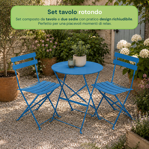Set Tavolo e 2 Sedie Richiudibili in Ferro da Giardino – Tavolo Rotondo ø 60cm e 2 Sedie Salvaspazio – Portata 150kg/100kg