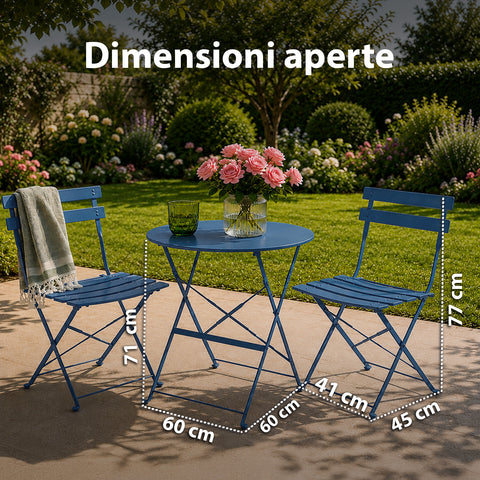 Set Tavolo e 2 Sedie Richiudibili in Ferro da Giardino – Tavolo Rotondo ø 60cm e 2 Sedie Salvaspazio – Portata 150kg/100kg