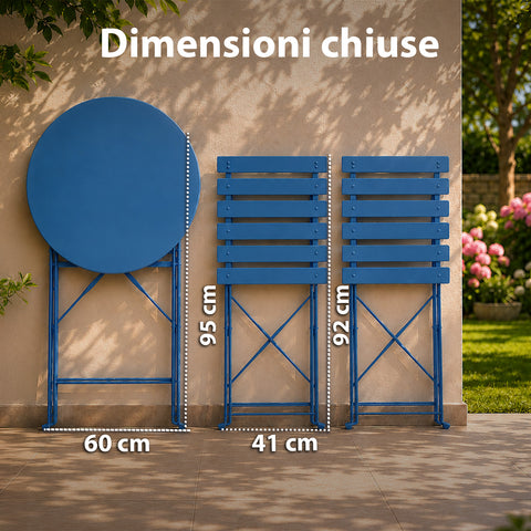 Set Tavolo e 2 Sedie Richiudibili in Ferro da Giardino – Tavolo Rotondo ø 60cm e 2 Sedie Salvaspazio – Portata 150kg/100kg