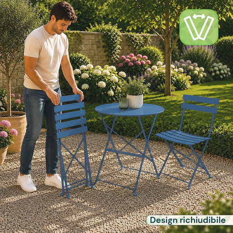 Set Tavolo e 2 Sedie Richiudibili in Ferro da Giardino – Tavolo Rotondo ø 60cm e 2 Sedie Salvaspazio – Portata 150kg/100kg