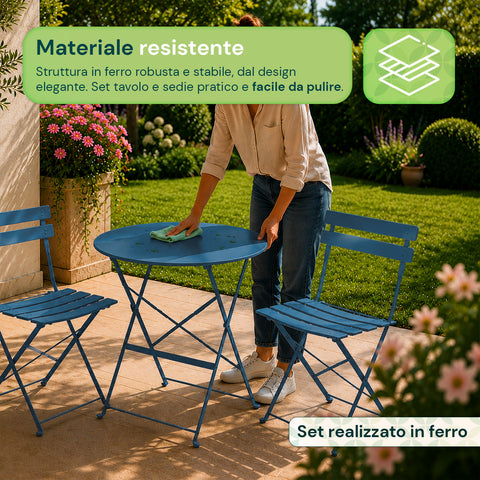 Set Tavolo e 2 Sedie Richiudibili in Ferro da Giardino – Tavolo Rotondo ø 60cm e 2 Sedie Salvaspazio – Portata 150kg/100kg