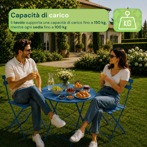Set Tavolo e 2 Sedie Richiudibili in Ferro da Giardino – Tavolo Rotondo ø 60cm e 2 Sedie Salvaspazio – Portata 150kg/100kg
