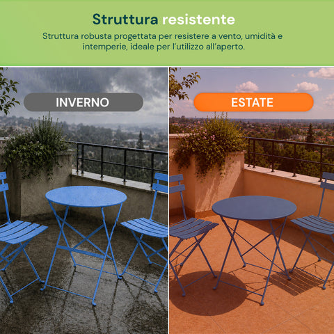 Set Tavolo e 2 Sedie Richiudibili in Ferro da Giardino – Tavolo Rotondo ø 60cm e 2 Sedie Salvaspazio – Portata 150kg/100kg
