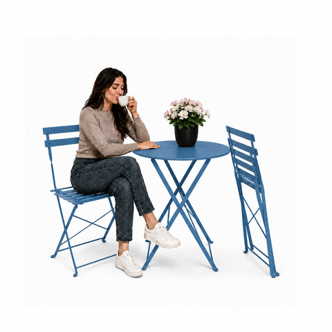 Set Tavolo e 2 Sedie Richiudibili in Ferro da Giardino – Tavolo Rotondo ø 60cm e 2 Sedie Salvaspazio – Portata 150kg/100kg