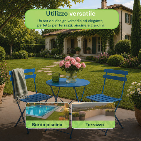 Set Tavolo e 2 Sedie Richiudibili in Ferro da Giardino – Tavolo Rotondo ø 60cm e 2 Sedie Salvaspazio – Portata 150kg/100kg