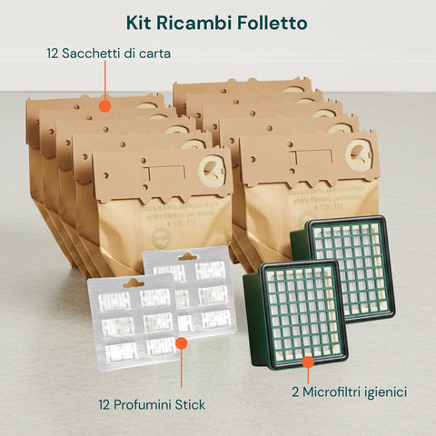 Kit Ricambi VK130 VK131 – 12 Sacchetti, 2 Filtri, 20 Profumatori Stick