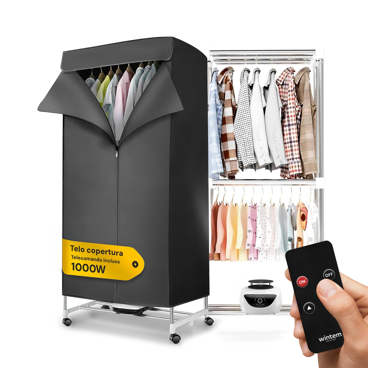 Asciugabiancheria ad Aria Rettangolare con Timer e Telo di Copertura 1000W