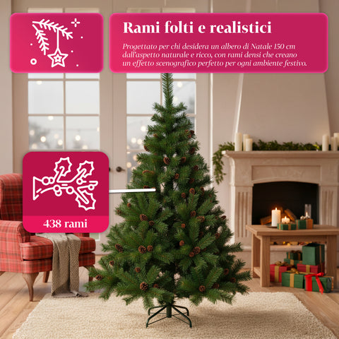 Albero di Natale Verde Realistico con Pigne e Base in Metallo – 150/180/210 cm