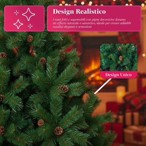 Albero di Natale Verde Realistico con Pigne e Base in Metallo – 150/180/210 cm