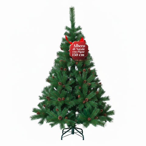 Albero di Natale Verde Realistico con Pigne e Base in Metallo – 150/180/210 cm