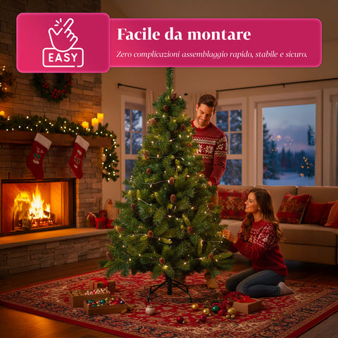 Albero di Natale Verde Realistico con Pigne e Base in Metallo – 150/180/210 cm