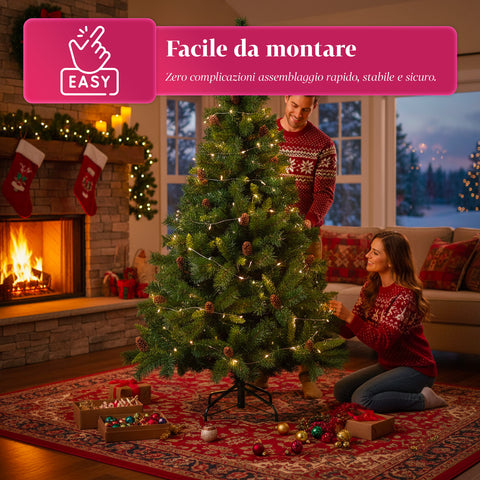Albero di Natale Verde Realistico con Pigne e Base in Metallo – 150/180/210 cm