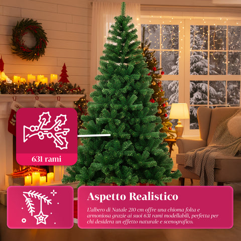 Albero di Natale Realistico Verde 210 cm e 631 Rami – Stile Tradizionale