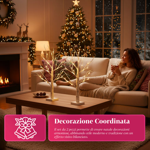 Set 2 Alberelli Decorativi Luci LED – Rami Effetto Betulla e Design Realistico