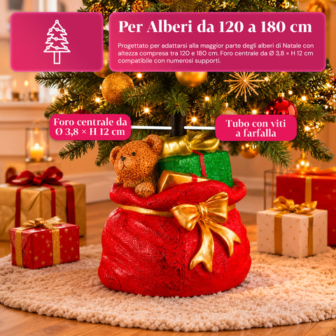 Base per albero di Natale decorativa, 10 soggetti, in ferro e magnesio, aggancio universale, alberi fino a 210 cm, 2 modelli con luci LED