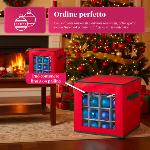 Organizer per 64 Palline di Natale in TNT con Finestra Frontale e Manici 30x30x30 cm