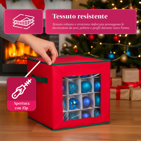 Organizer per 64 Palline di Natale in TNT con Finestra Frontale e Manici 30x30x30 cm