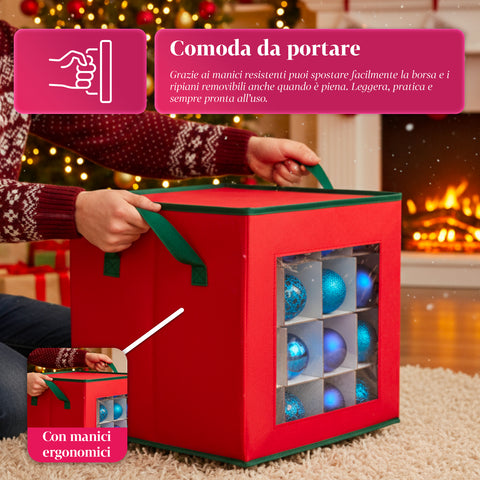 Organizer per 64 Palline di Natale in TNT con Finestra Frontale e Manici 30x30x30 cm