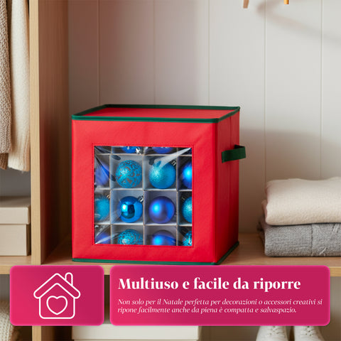 Organizer per 64 Palline di Natale in TNT con Finestra Frontale e Manici 30x30x30 cm