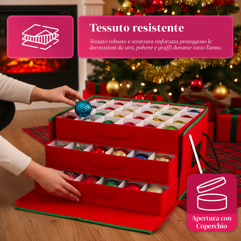 Organizer con 3 Cassetti per 72 Palline di Natale in TNT con Cerniera e Manici
