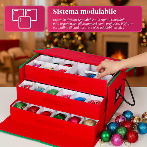 Organizer con 3 Cassetti per 72 Palline di Natale in TNT con Cerniera e Manici
