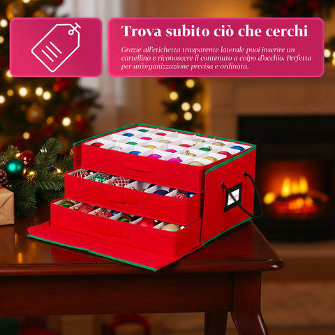 Organizer con 3 Cassetti per 72 Palline di Natale in TNT con Cerniera e Manici